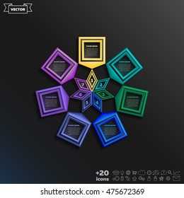 Vector infographic design with colorful square on the black background. Business concept. 7 options, parts, steps. Can be used for graph, diagram, chart, workflow layout, number options, web