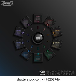 Vector infographic design with colorful square on the black background. Business concept. 10 options, parts, steps. Can be used for graph, diagram, chart, workflow layout, number options, web