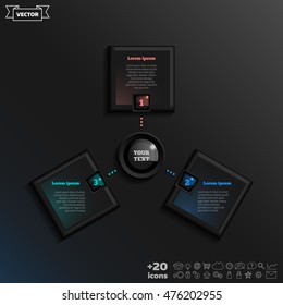 Vector infographic design with colorful square on the black background. Business concept. 3 options, parts, steps. Can be used for graph, diagram, chart, workflow layout, number options, web