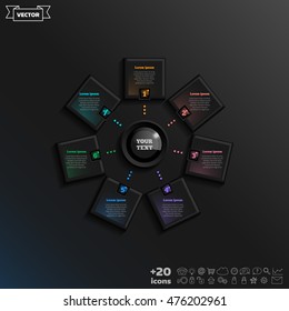 Vector infographic design with colorful square on the black background. Business concept. 7 options, parts, steps. Can be used for graph, diagram, chart, workflow layout, number options, web