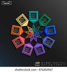 Vector infographic design with colorful square on the black background. Business concept. 9 options, parts, steps. Can be used for graph, diagram, chart, workflow layout, number options, web