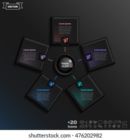 Vector infographic design with colorful square on the black background. Business concept. 5 options, parts, steps. Can be used for graph, diagram, chart, workflow layout, number options, web