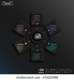 Vector infographic design with colorful square on the black background. Business concept. 6 options, parts, steps. Can be used for graph, diagram, chart, workflow layout, number options, web