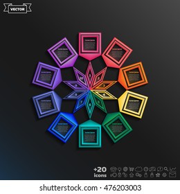 Vector infographic design with colorful square on the black background. Business concept. 10 options, parts, steps. Can be used for graph, diagram, chart, workflow layout, number options, web