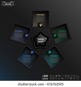 Vector infographic design with colorful square on the black background. Business concept. 5 options, parts, steps. Can be used for graph, diagram, chart, workflow layout, number options, web