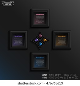 Vector infographic design with colorful square on the black background. Business concept. 4 options, parts, steps. Can be used for graph, diagram, chart, workflow layout, number options, web