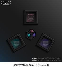 Vector infographic design with colorful square on the black background. Business concept. 3 options, parts, steps. Can be used for graph, diagram, chart, workflow layout, number options, web