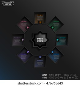 Vector infographic design with colorful square on the black background. Business concept. 8 options, parts, steps. Can be used for graph, diagram, chart, workflow layout, number options, web