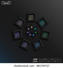 Vector infographic design with colorful square on the black background. Business concept. 7 options, parts, steps. Can be used for graph, diagram, chart, workflow layout, number options, web