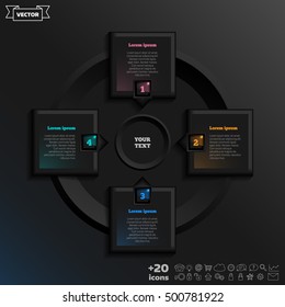 Vector infographic design with colorful square on the black background. Business concept. 4 options, parts, steps. Can be used for graph, diagram, chart, workflow layout, number options, web