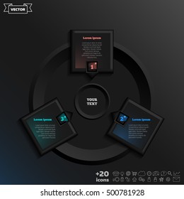 Vector infographic design with colorful square on the black background. Business concept. 3 options, parts, steps. Can be used for graph, diagram, chart, workflow layout, number options, web