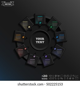 Vector infographic design with colorful square on the black background. Business concept. 9 options, parts, steps. Can be used for graph, diagram, chart, workflow layout, number options, web