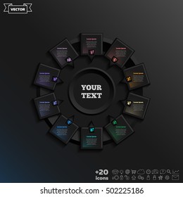 Vector infographic design with colorful square on the black background. Business concept. 10 options, parts, steps. Can be used for graph, diagram, chart, workflow layout, number options, web