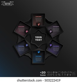Vector infographic design with colorful square on the black background. Business concept. 6 options, parts, steps. Can be used for graph, diagram, chart, workflow layout, number options, web