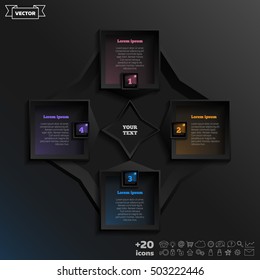 Vector infographic design with colorful square on the black background. Business concept. 4 options, parts, steps. Can be used for graph, diagram, chart, workflow layout, number options, web