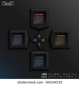 Vector infographic design with colorful square on the black background. Business concept. 4 options, parts, steps. Can be used for graph, diagram, chart, workflow layout, number options, web