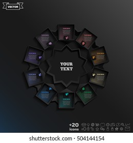 Vector infographic design with colorful square on the black background. Business concept. 10 options, parts, steps. Can be used for graph, diagram, chart, workflow layout, number options, web