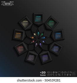 Vector infographic design with colorful square on the black background. Business concept. 9 options, parts, steps. Can be used for graph, diagram, chart, workflow layout, number options, web