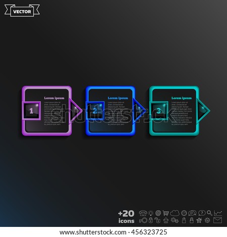 Vector infographic design with colorful square on the black background. Business concept. 3 options, parts, steps. Can be used for graph, diagram, chart, workflow layout, number options, web