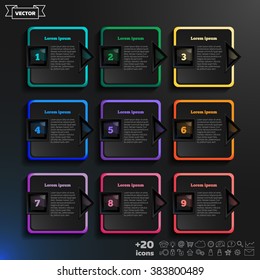 Vector infographic design with colorful squares on the black background. Business concept with 9 options, parts, steps. Can be used for graph, diagram, chart, workflow layout, number options, web.