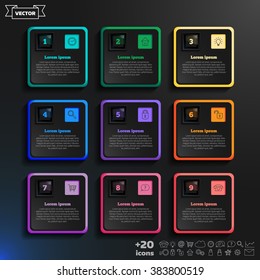 Vector infographic design with colorful squares on the black background. Business concept with 9 options, parts, steps. Can be used for graph, diagram, chart, workflow layout, number options, web.