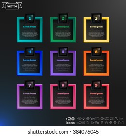 Vector infographic design with colorful squares on the black background. Business concept with 9 options, parts, steps. Can be used for graph, diagram, chart, workflow layout, number options, web.