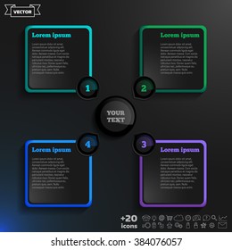 Vector infographic design with colorful squares on the black background. Business concept with 4 options, parts, steps. Can be used for graph, diagram, chart, workflow layout, number options, web.