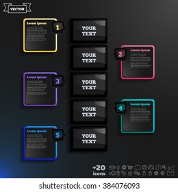 Vector infographic design with colorful squares on the black background. Business concept with 5 options, parts, steps. Can be used for graph, diagram, chart, workflow layout, number options, web.