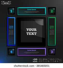 Vector infographic design with colorful squares on the black background. Business concept with 4 options, parts, steps. Can be used for graph, diagram, chart, workflow layout, number options, web.