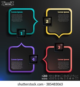 Vector infographic design with colorful squares on the black background. Business concept with 4 options, parts, steps. Can be used for graph, diagram, chart, workflow layout, number options, web.