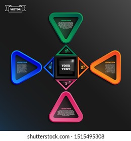 Vector infographic design with colorful triangles on the black background. Business concept. 4 options, parts, steps. Can be used for graph, diagram, chart, workflow layout, number options, web
