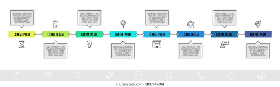 Vector infographic design with eight boxes with arrows and icons. Flat template used for diagram, web, banner, workflow layout, presentations, flowchart, info graph, levels, chart, processes diagram