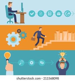 Vector infographic design elements and icons - career and business - cartoon man working and achieving success