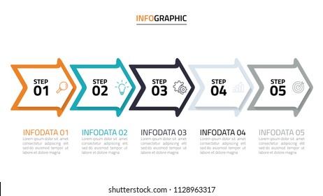 Vector Infographic design elements with modern arrows. Timeline Template with 5 steps, options, process and marketing icons. Can be used for workflow diagram, report template or presentation. 