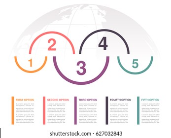 Vector infographic design with five business steps and globe. Workflow layout, annual report, web design, diagram. Marketing template with 5 options.
