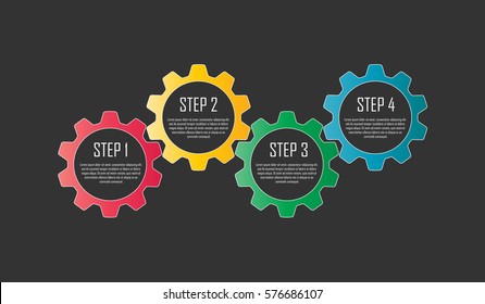 Vector infographic design with four colorful gears on dark background. Infographics for business presentations or information banner. 