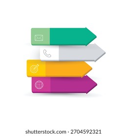 Diseño de infografía de Vector con cuatro coloridas flechas Horizontales apiladas, cada una con un ícono. Ideal para ilustrar los pasos del proceso, las opciones, la comunicación y la estrategia.