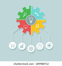 Vector infographic design with gear and different icons and elements on blue background