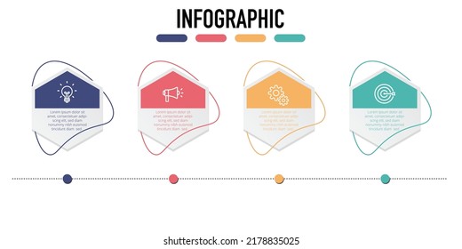 Vector Infographic Design With Icons. 4 Options Or 4 Steps. Process Diagram, Flow Chart, Hexagon Inforgraphics ,info Graph, Infographics For Business Concept, Presentations Banner, Workflow Layout.