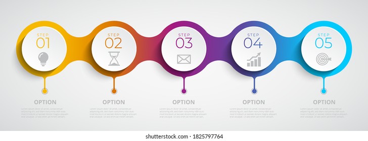 Vector Infographic design with icons and 5 circle options. Infographics for business concepts. Can be used for presentation banners, workflow layouts, process diagrams, flow charts, info charts.