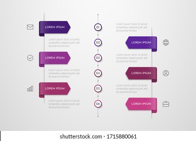 Infografik-Design der Vektorillustration mit Symbolen und 6 Optionen oder Schritten. Kann für Präsentationen Banner, Workflow-Layout, Prozessdiagramm, Flussdiagramm verwendet werden. Vektorillustration.