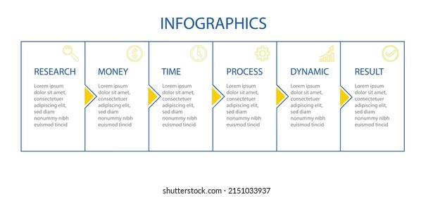 Vektorgrafik-Design mit Symbolen. 6 Optionen oder 6 Schritte. Prozessdiagramm, Flussdiagramm, Infografik, Infografiken für Geschäftskonzept, Präsentationsbanner, Workflow-Layout.