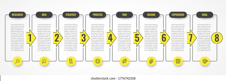 Vector Infografik Design mit Symbolen und 8 Optionen oder Schritten. Infografiken für das Geschäftskonzept. Kann für Präsentationen verwendet werden Banner, Workflow-Layout, Prozessdiagramm, Flussdiagramm, Infografik