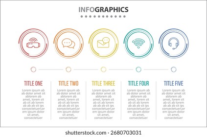 Vektorgrafik-Design mit Symbolen. Prozessdiagramm, Flussdiagramm, Infografik, Infografiken für das Geschäftskonzept, Präsentationsbanner, Workflow-Layout. 5 Optionen oder 5 Schritte. Horizontale Schritte