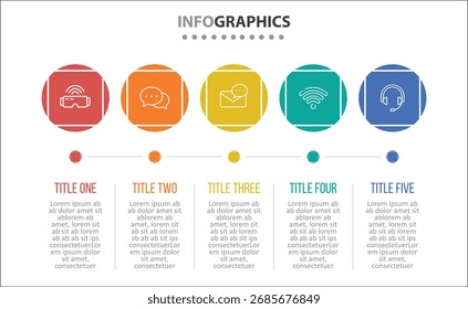Vetor Infográfico design com ícones. diagrama de processo, fluxograma, gráfico de informações, Infográficos para o conceito de negócios, banner de apresentações, layout de fluxo de trabalho. 5 opções ou 5 etapas. Etapas Horizontais