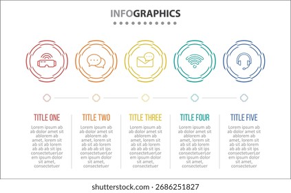 Vector Diseño de infografía con iconos. diagrama de proceso, diagrama de flujo, infografía, infografía para concepto de negocio, Anuncio de presentaciones, diseño de flujo de trabajo. 5 opciones o 5 pasos. Pasos Horizontales
