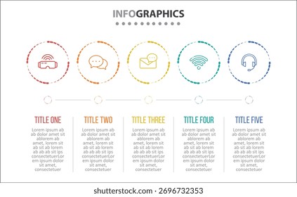 Vektorgrafik-Design mit Symbolen. Prozessdiagramm, Flussdiagramm, Infografik, Infografiken für das Geschäftskonzept, Präsentationsbanner, Workflow-Layout. 5 Optionen oder 5 Schritte. Horizontale Schritte