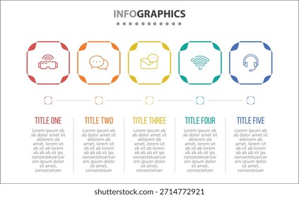 Vetor Infográfico design com ícones. diagrama de processo, fluxograma, gráfico de informações, Infográficos para o conceito de negócios, banner de apresentações, layout de fluxo de trabalho. 5 opções ou 5 etapas. Etapas Horizontais