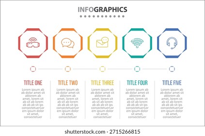 Vector Diseño de infografía con iconos. diagrama de proceso, diagrama de flujo, infografía, infografía para concepto de negocio, Anuncio de presentaciones, diseño de flujo de trabajo. 5 opciones o 5 pasos. Pasos Horizontales
