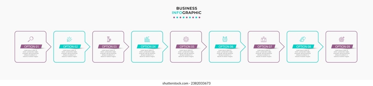 Vector Infographic design illustration business template with icons and 9 options or steps. 
